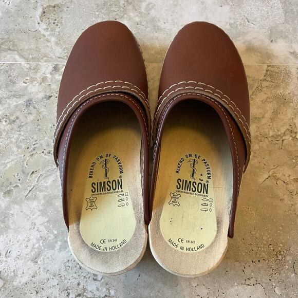 Simson Brown Leather Wood Sole Women's Clogs Slip On Size 38 EU / 7 US - Picture 3 of 10